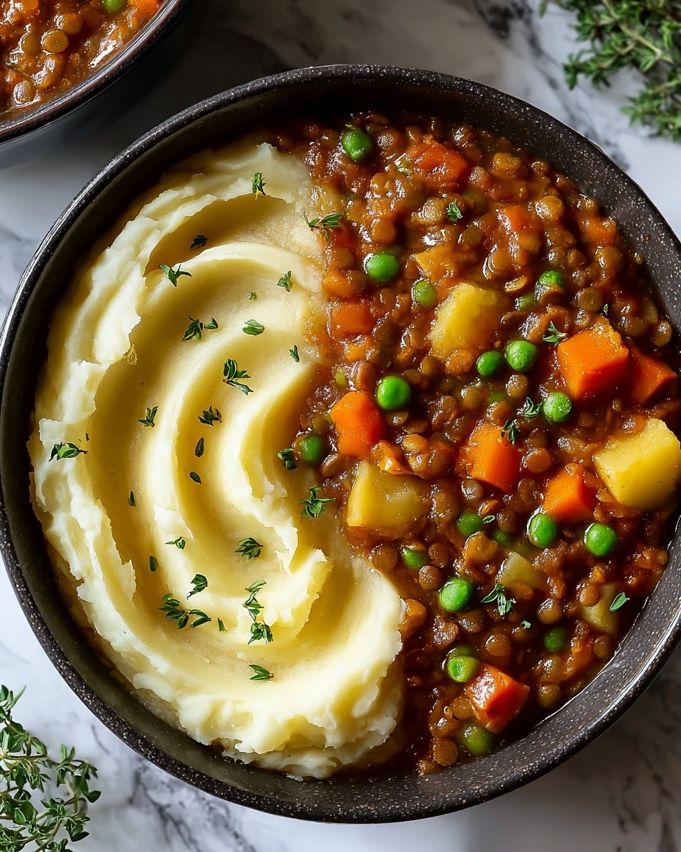 A close-up view of a dark bowl filled with two main layers: one half contains smooth, creamy mashed potatoes in a pale yellow color with a soft, slightly swirled texture, while the other half holds a thick lentil stew that is brown with visible green peas, orange carrot pieces, and small chunks of yellow potato. The stew looks rich and chunky with a glossy finish and is lightly sprinkled with fresh green herbs on top. The bowl sits on a white marbled surface, with part of a striped grey and white cloth visible in the corner. photo taken with an iphone --ar 4:5 --v 7