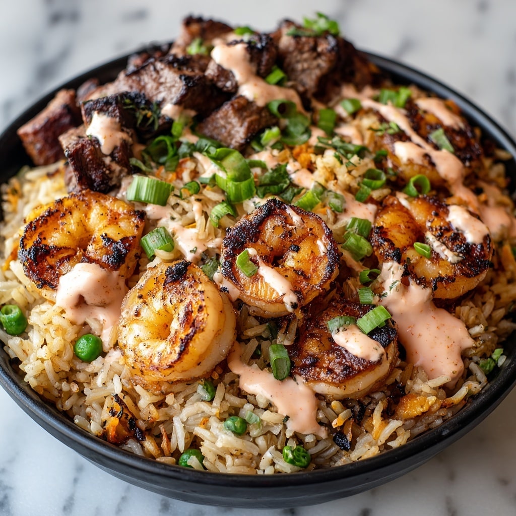 The image shows a close-up of a mixed dish with three main layers. The bottom layer is a bed of cooked rice with a light brown color, mixed with small, dark grilled bits and green peas. The middle layer has several large grilled shrimp that are pink-orange with some char marks, along with chunks of dark brown grilled meat. The top layer is a creamy, light pink sauce drizzled over everything, with small pieces of chopped green onions scattered around. The dish sits in a black bowl on a white marbled surface. Photo taken with an iphone --ar 4:5 --v 7