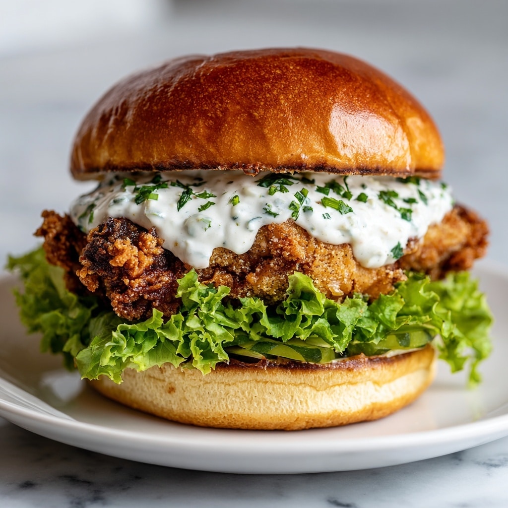 A close-up view of a sandwich with four main layers. The bottom layer is a soft, light brown sandwich bun with a slight shine. On top of it is a layer of fresh green leafy lettuce with visible veins. Above the lettuce sits a thick piece of crispy fried chicken, golden brown with a crunchy texture and some dark specks. On top of the chicken, there is a layer of creamy white sauce with green herbs sprinkled on it. The sandwich is topped with the top half of the same soft, golden sandwich bun. The sandwich is placed on a simple white plate against a white marbled texture background. Photo taken with an iphone --ar 4:5 --v 7