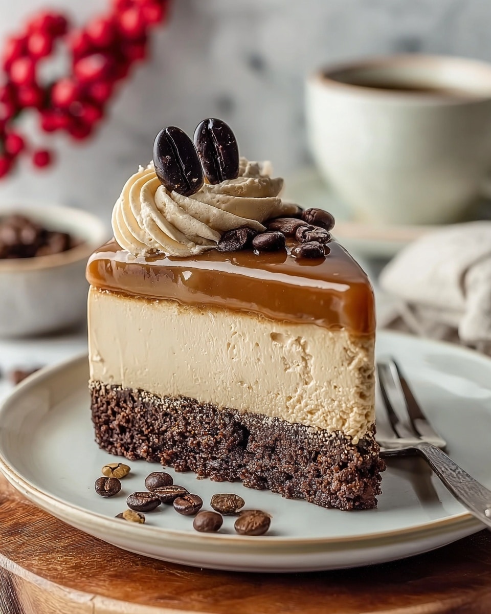 A slice of layered dessert sits on a white plate with a few coffee beans scattered around it on a white marbled surface. The bottom layer is a dark crumbly crust, followed by a thick, smooth beige creamy layer in the middle. The top is a glossy caramel-colored glaze. On top of the slice, there are three swirls of light beige whipped cream sprinkled with small brown crumbs and decorated with whole dark coffee beans. Photo taken with an iphone --ar 4:5 --v 7