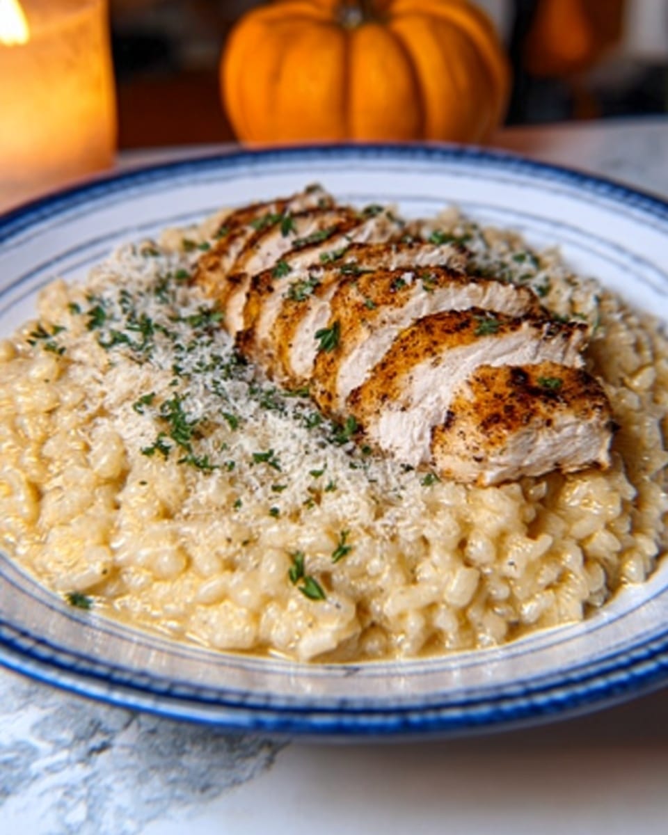 The image shows a white round plate with a crispy golden-brown chicken breast placed on top of a creamy risotto. The risotto has a soft texture with small beige grains, mixed with green herbs scattered throughout. The chicken breast is well-cooked with a crunchy skin, slightly browned edges, and some herbs sprinkled on it. A silver fork, held by a woman's hand, is pulling apart the chicken skin, revealing the juicy inside. The background is a white marbled surface with a blue and white floral cloth partially visible in the corner. Photo taken with an iphone --ar 4:5 --v 7