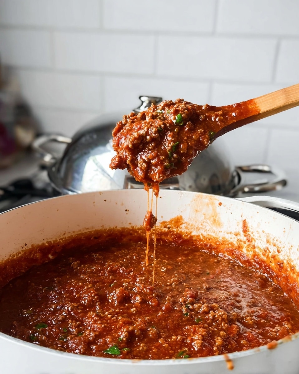 A close-up of a thick, rich red meat sauce with visible ground meat and small chunks of vegetables, held on a wooden spoon above a white pot. The sauce has a glossy texture with specks of green herbs scattered inside. The spoon is dripping some sauce back into the pot, showing the sauce’s hearty and chunky consistency. The background is a white marbled kitchen counter and white tiled wall, with a pot lid and other kitchen items slightly blurred out. photo taken with an iphone --ar 4:5 --v 7