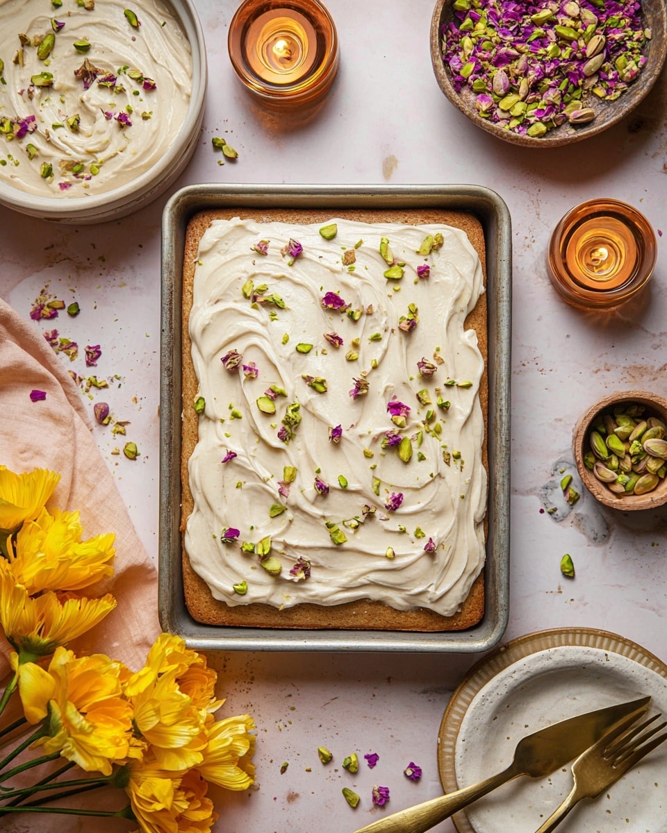 A single square piece of moist cake with a light tan color sits on a white plate with a thin gold rim; it has two layers – a dense, textured base and a thick, smooth, pale cream frosting layer on top. The cake is decorated with small green pistachio pieces and tiny purple flower petals scattered on the frosting. A woman's hand with painted nails pours a light brown sauce over the cake, pooling at the bottom on the plate. The scene is set on a white marbled surface with blurred yellow flowers and a soft pink cloth nearby, giving a warm and cozy feel. photo taken with an iphone --ar 4:5 --v 7