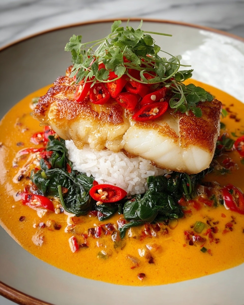 A close-up view of a single piece of white fish fillet with a golden-brown seared crust on top, covered in finely chopped green herbs and red chili flakes. It sits in a rich, orange-brown sauce that has a smooth and slightly oily texture, pooling around the fish. Behind the fish, there is a neat mound of white steamed rice. The dish is garnished with a fresh, bright green cilantro leaf on top. The plate is white and placed on a white marbled texture surface. Photo taken with an iphone --ar 4:5 --v 7