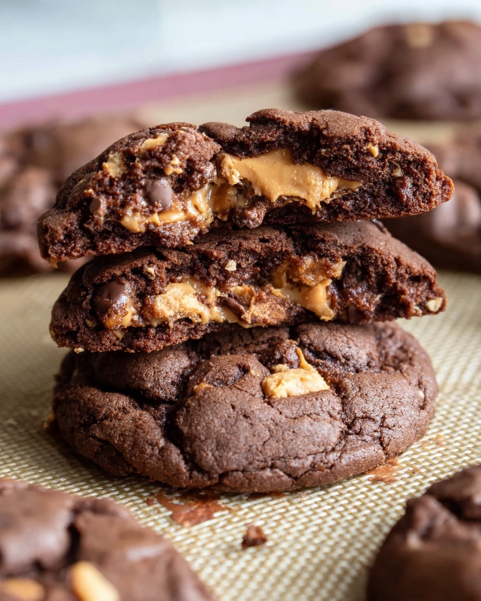 The image shows a close-up of a stack of two thick chocolate cookies on top of a whole cookie, all resting on a baking mat. The bottom whole cookie is a dark brown color with a slightly cracked surface and visible chunks of peanut butter pieces. The two cookies stacked above it are broken in half, showing a soft, moist, and rich dark chocolate inside with melted peanut butter swirled in the middle, creating a creamy texture. Surrounding the stack are more whole cookies with the same chunky texture. All are placed on a white marbled surface beneath the baking mat. Photo taken with an iphone --ar 4:5 --v 7