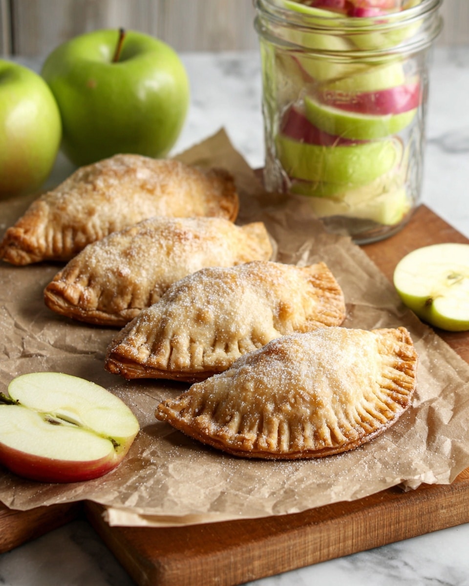 The image shows four golden brown, half-moon shaped pastries with crimped edges lined up on a sheet of light brown parchment paper. The pastries have a lightly dusted sugary coating on top, giving them a slightly sparkling texture. To the left, several fresh green and red apple slices are scattered on a white marbled surface with some whole and cut pieces in a clear glass jar behind them. The overall setting feels warm and inviting with soft natural light highlighting the flaky texture of the pastries. photo taken with an iphone --ar 4:5 --v 7