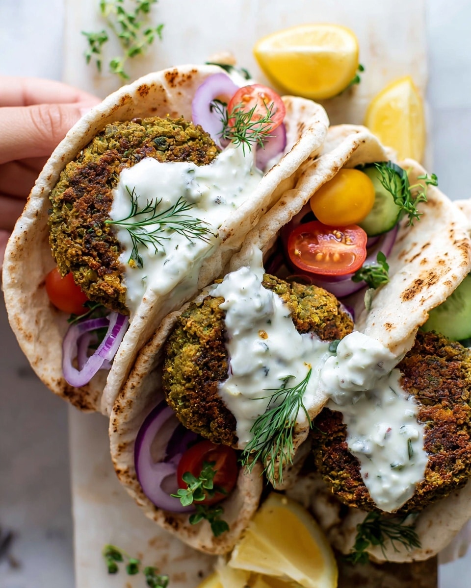 The image shows a white flatbread folded to hold three brown falafel patties stacked in two visible layers, topped with dollops of white yogurt sauce speckled with green herbs. Around the patties are thin slices of purple onion, small red and yellow cherry tomato halves, and small green herb leaves. A sprig of dill sits on one falafel, and lemon wedges are placed nearby on a white marbled surface. The dish is held by a woman's hand, captured closely to highlight the textures of the crisp falafel, creamy sauce, and fresh vegetable toppings, all presented in soft natural light. photo taken with an iphone --ar 4:5 --v 7