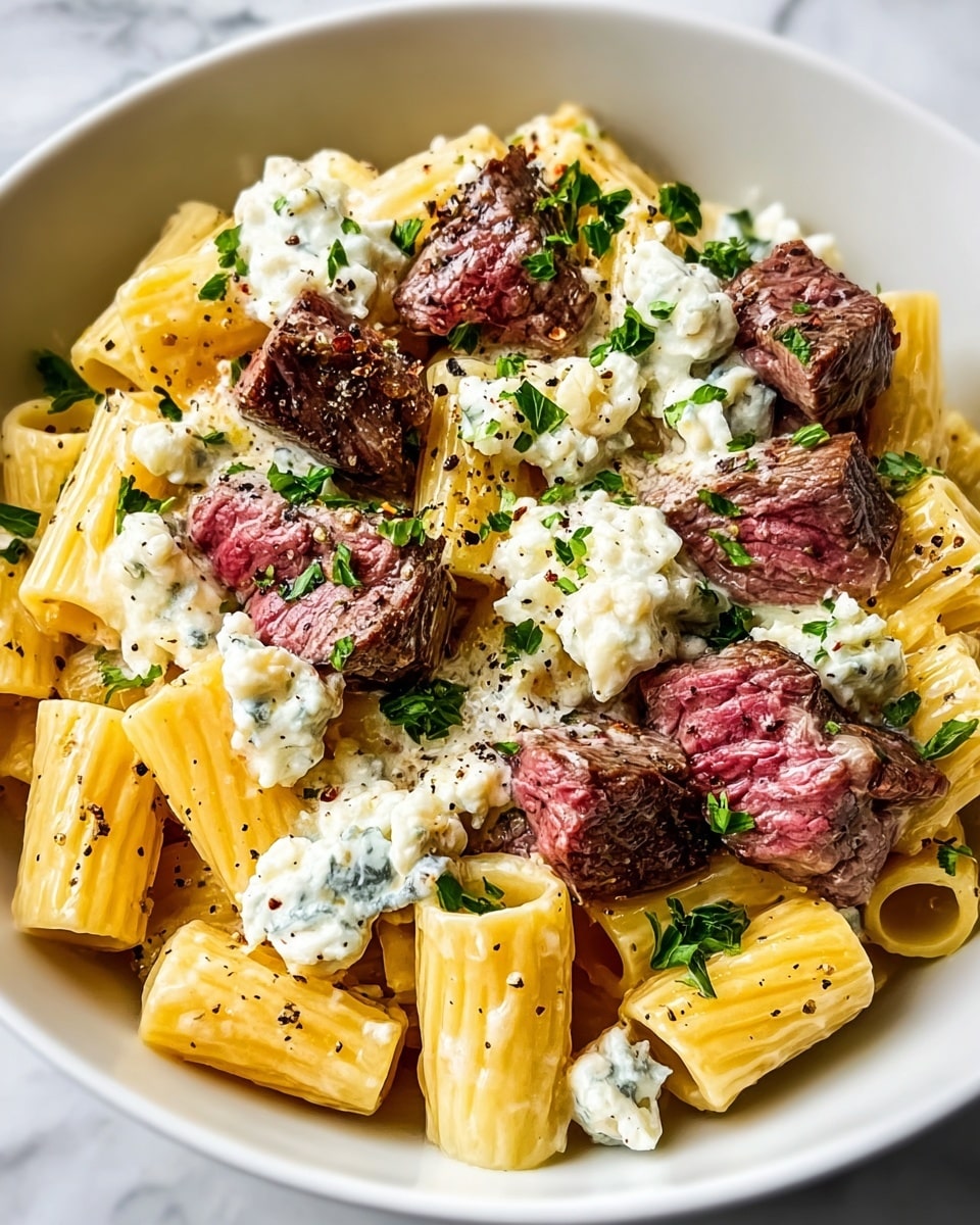 A white casserole dish filled with rigatoni pasta at the base, showing a pale yellow color with ridged tubes. Scattered throughout are browned, textured chunks of grilled or roasted beef, giving a dark brown contrast. Melted cheese covers the pasta in a creamy white layer, slightly browned and bubbling in spots, with chopped green herbs sprinkled evenly on top as a fresh garnish. The photo is taken close-up on a white marbled surface, capturing the dish’s rich textures and colors vividly. photo taken with an iphone --ar 4:5 --v 7