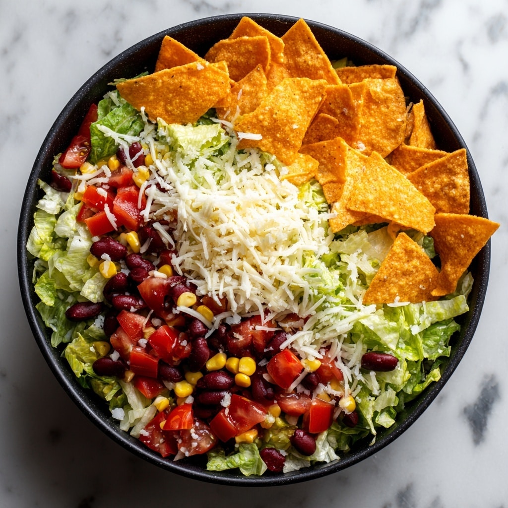 The image shows a round black dish filled with several layers of snack dip placed on a white marbled surface. The bottom layer is a creamy light beige dip, topped with a layer of chopped green lettuce. Above the lettuce, there are sliced black olives and small pieces of red tomatoes scattered around. The top layer is a mix of shredded white and yellow cheese spread unevenly on the surface. In the foreground, a woman's hand holds a yellow tortilla chip with a scoop of dip, lettuce, tomato, olives, and cheese. Around the dish, there are more yellow tortilla chips spread loosely. photo taken with an iphone --ar 4:5 --v 7