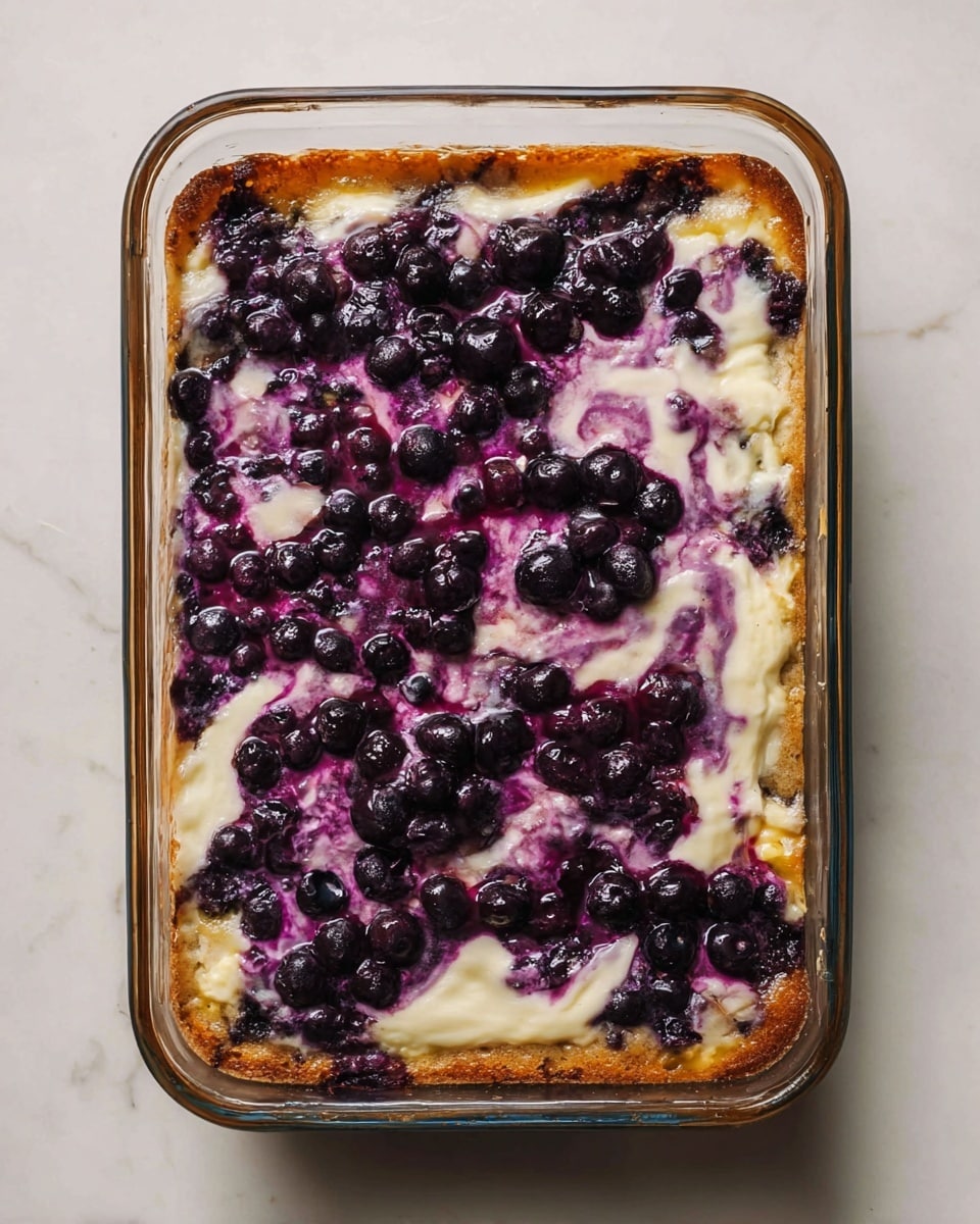 A glass rectangular dish holds a baked dessert with three visible layers: the bottom layer is a golden-brown crust that is slightly thick, above it is a creamy off-white layer swirled unevenly throughout, and the top layer is scattered with whole dark purple blueberries that have released some deep purple juice, blending slightly with the creamy layer underneath. The edges show some browning and slight crispiness. The dish is set on a white marbled textured surface. photo taken with an iphone --ar 4:5 --v 7