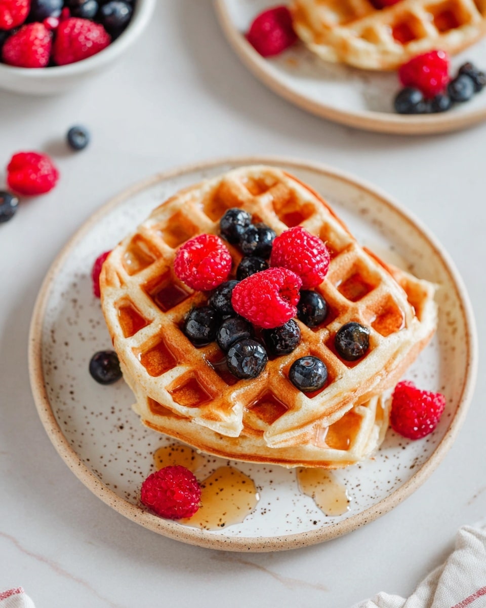 A stack of three golden-brown waffles sits in the center of a white speckled plate, with syrup lightly glistening on the surface. On top, three bright red raspberries and several plump dark blue blueberries are placed, adding fresh color. Around the base of the waffles on the plate, more raspberries and blueberries are scattered. The dish rests on a white marbled surface, giving it a clean and simple look. Photo taken with an iphone --ar 4:5 --v 7