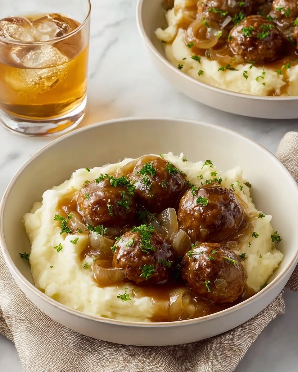 A white plate with a rim holds eight glossy brown meatballs covered in rich brown gravy, with visible caramelized onion slices mixed in. The gravy is being poured from a white container, forming a smooth stream falling on the meatball in the center. The meatballs are sprinkled with finely chopped green herbs. Behind the meatballs on the same plate is a serving of creamy white mashed potatoes also topped with green herbs. The plate rests on a white marbled surface. photo taken with an iphone --ar 4:5 --v 7