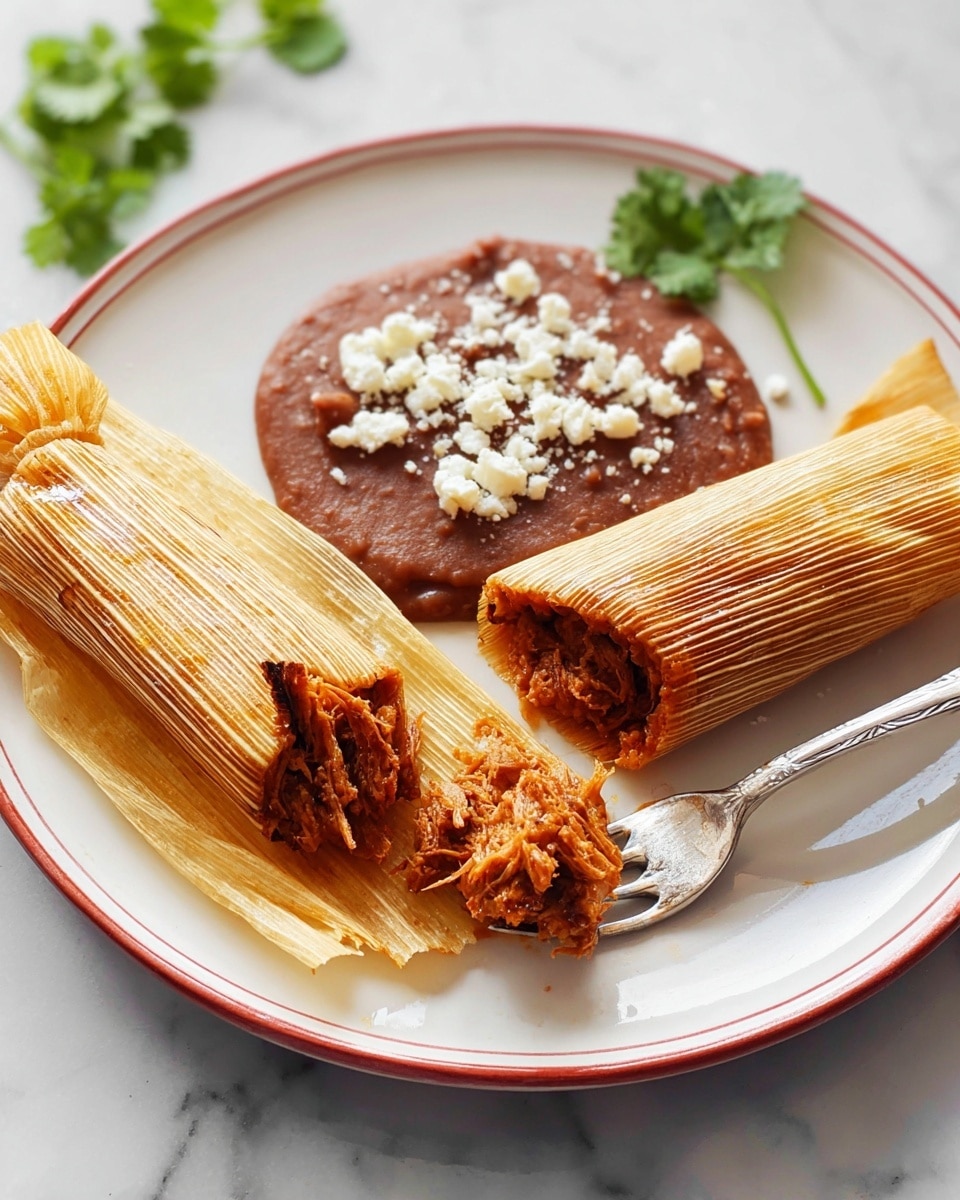 The image shows a blue patterned white ceramic plate filled with seven neatly wrapped tamales, each covered in pale yellow dried corn husks tied with thin strips of the same husk. The tamales have a ribbed texture, showing the lines of the husks, and they are arranged with some lying flat and others stacked. In the background, there is a blurred black bowl with reddish sauce and a wooden spoon resting inside. The setting sits on a white marbled surface. photo taken with an iphone --ar 4:5 --v 7