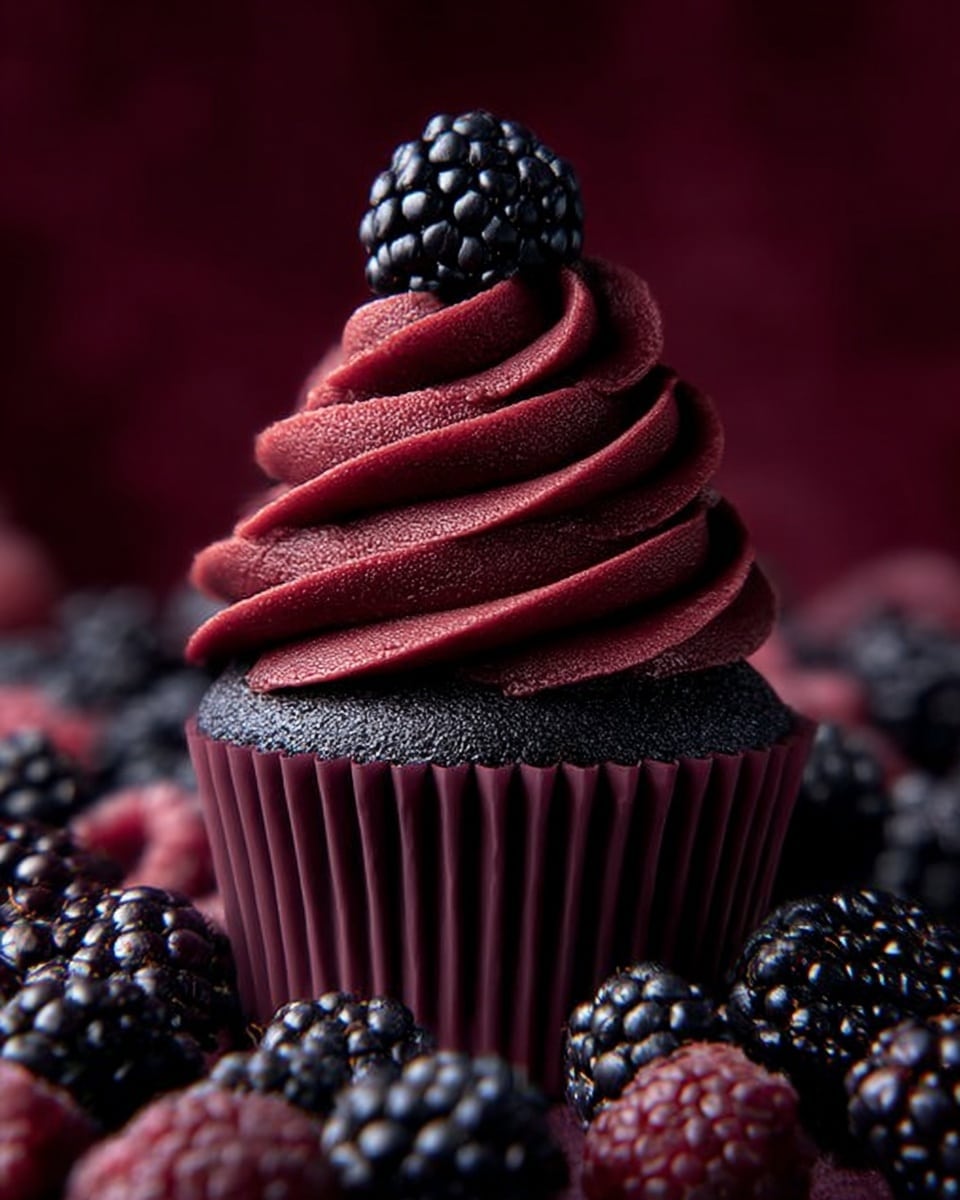 The image shows a dark chocolate cupcake with three distinct layers. The base is a dark, moist chocolate cake inside a deep maroon cupcake liner. On top, there is a thick swirl of smooth, dark red-purple frosting that looks creamy and rich, twisted in a tall spiral. At the very top of the frosting, a fresh shiny blackberry sits, and the cupcake is surrounded by many shiny blackberries and darker red berries, all resting on a white marbled surface. The background is a deep red color, making the cupcake and berries stand out clearly. photo taken with an iphone --ar 4:5 --v 7