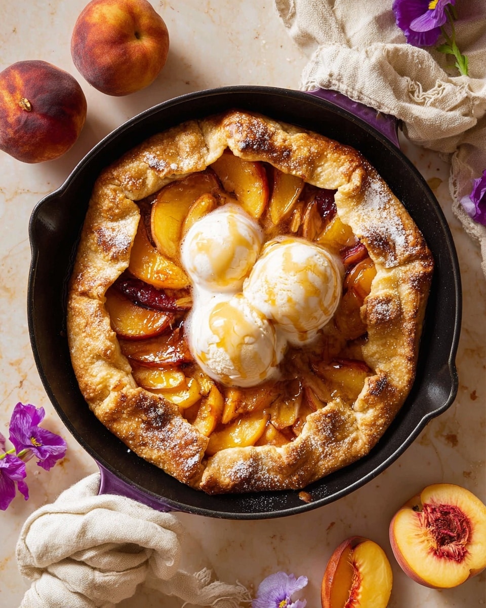 A baked peach galette with a golden brown crust folded unevenly over juicy peach slices inside a black skillet with a purple handle, topped with two round scoops of melting white vanilla ice cream drizzled with light amber honey or syrup, all set on a white marbled surface with halved peaches and purple flower petals nearby, a cream-colored cloth loosely knotted at the skillet handle. Photo taken with an iphone --ar 4:5 --v 7