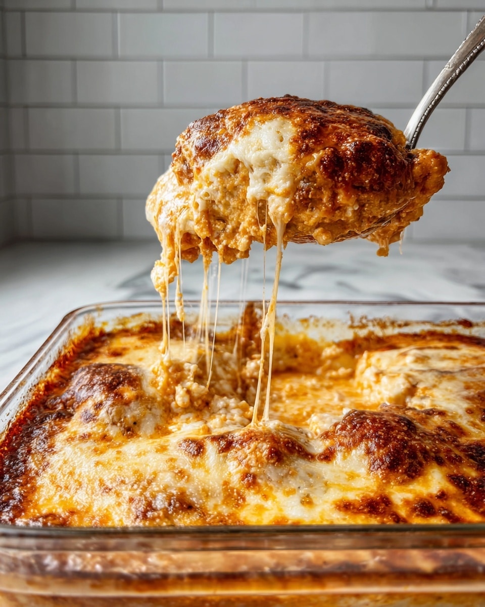 A close-up view of a cheesy baked dish being scooped up with a metal spoon, showing thick layers of melted mozzarella cheese stretching in long thin strings from the base to the scoop. The dish inside a clear glass baking dish has a golden-brown crust layer on top with browned bubbly cheese, beneath which is a rich, creamy, orange-tinted sauce mixed with bits of browned ingredients, creating a textured surface. The background is a white marbled texture with a hint of tiled wall. photo taken with an iphone --ar 4:5 --v 7
