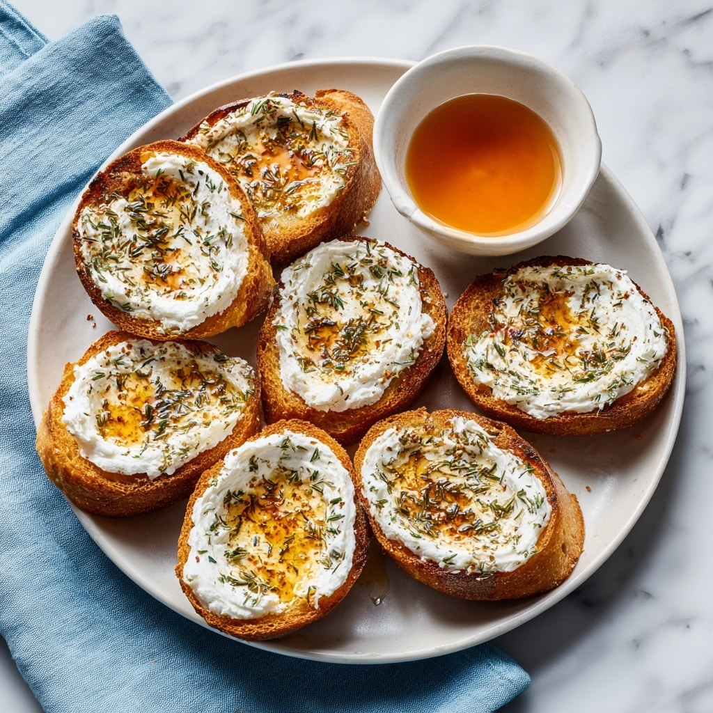 Seven small toasted round bread slices are arranged on a white plate with a gray rim, each topped with a creamy white spread mixed with small browned chunks and sprinkled with greenish dried herbs. The toast edges are golden brown and crispy, showing a rough texture. To the left of the plate, there is a small clear glass filled with an amber-colored liquid. The plate and glass rest on a soft light blue cloth, all placed on a white marbled surface. Photo taken with an iphone --ar 4:5 --v 7