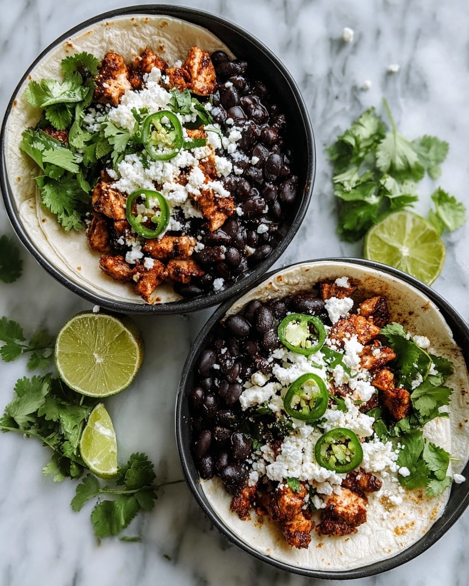 Two bowls each hold a soft white tortilla as the base layer, topped with a layer of black beans filling about half of the tortilla. Next to the beans, there is a layer of cooked, seasoned chicken pieces that are reddish-brown in color. On top of the chicken and beans, there is a sprinkling of crumbled white cheese and small pieces of green cilantro leaves scattered around. A few slices of green jalapeno peppers are placed as garnishes. Each bowl also includes a wedge of bright green lime resting on the side of the tortilla. The bowls are placed on a white marbled surface with some fresh green cilantro and lime halves around them. photo taken with an iphone --ar 4:5 --v 7