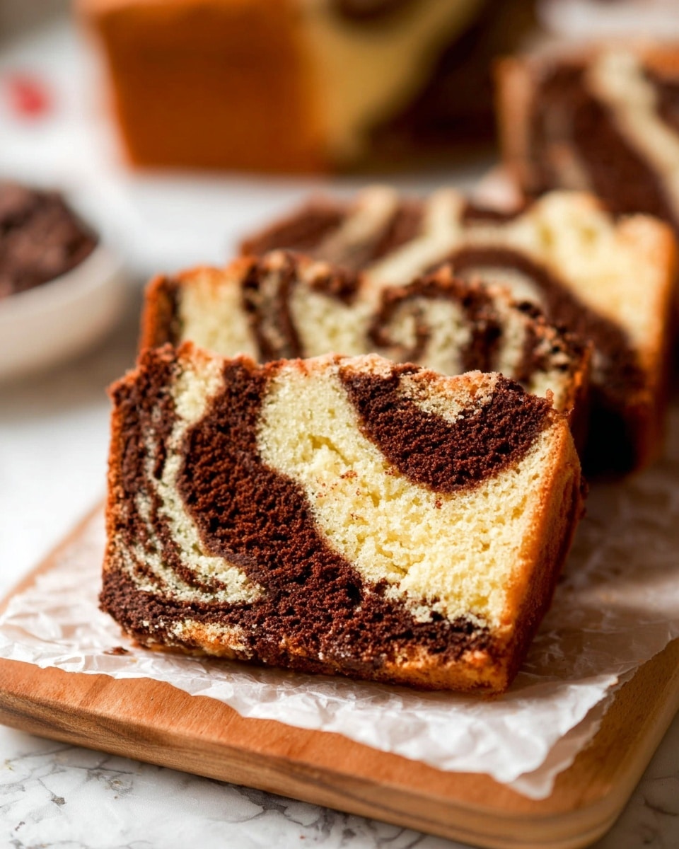A close-up of a single thick slice of marble cake resting on white parchment paper, showing about three main layers of alternating light yellow vanilla cake and dark brown chocolate cake swirled together in a wave pattern, with a rough, crumbly texture on top and edges. The bottom of the slice is darker with more chocolate swirls, and the top has a cracked, golden-brown crust. The background is softly blurred with a white marbled texture and some green and red foliage in the distance. Photo taken with an iphone --ar 4:5 --v 7