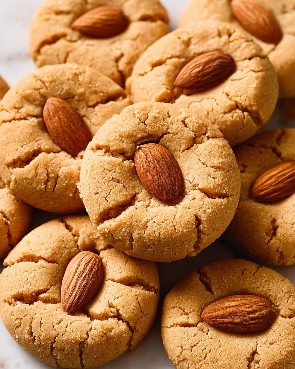 A close-up view of a group of round peanut butter cookies on a white marbled surface, each cookie showing a golden-brown cracked texture. Each cookie has an almond placed in its center, sitting in a shallow square indentation pressed into the dough, with fork marks radiating out from the almond in two parallel lines on each side. The cookies are arranged in a scattered pile, showing their soft, crumbly texture and warm color. photo taken with an iphone --ar 4:5 --v 7