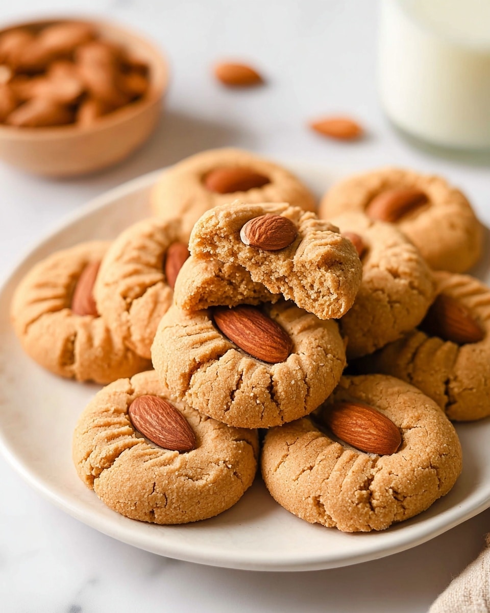 A white plate filled with a single layer of round light brown cookies, each topped with a whole almond pressed into the center with a crisscross fork pattern on the cookie surface. One cookie is broken in half and placed on top, showing a crumbly, dense texture inside. The plate is set on a white marbled surface with a blurred bowl of almonds and a glass of milk in the background. Photo taken with an iphone --ar 4:5 --v 7