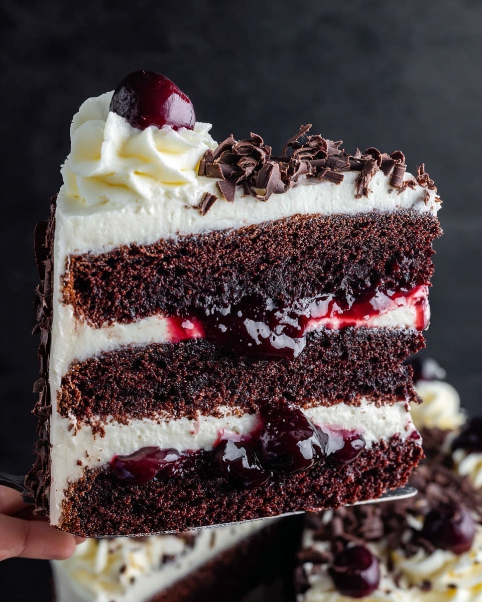 A tall layered cake sits on a black cake stand with a white marbled background. The bottom half of the cake is covered in dark brown chocolate sprinkles, adding a rough texture, while the top half is smooth and creamy white frosting. On top, there is a circle of large swirls of white frosting, each topped with a shiny red cherry with green stems. In the center of the top surface, a small pile of irregular dark chocolate curls adds another layer of texture and color. Photo taken with an iphone --ar 4:5 --v 7