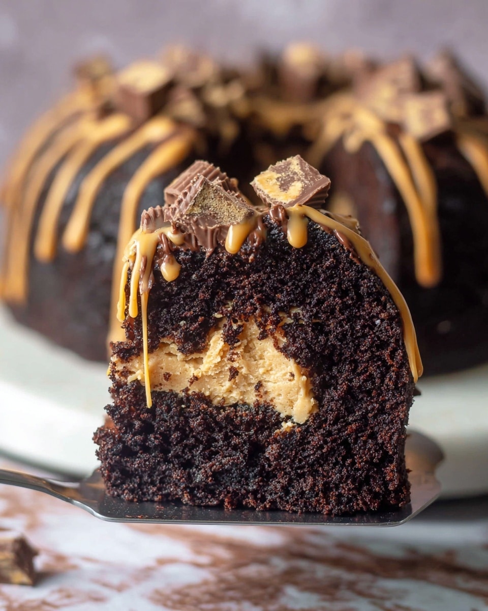 The image shows a rich chocolate Bundt cake with two visible layers: a thick, dark brown chocolate layer on the outside and a creamy, light tan peanut butter layer in the center. The top of the cake is decorated with thin yellow peanut butter drizzle, which zigzags across the surface. Small chocolate peanut butter cups are scattered on and around the cake, some whole and some cut into pieces, adding texture and color contrast. The cake sits on a simple white plate, placed on a white marbled surface. Photo taken with an iphone --ar 4:5 --v 7