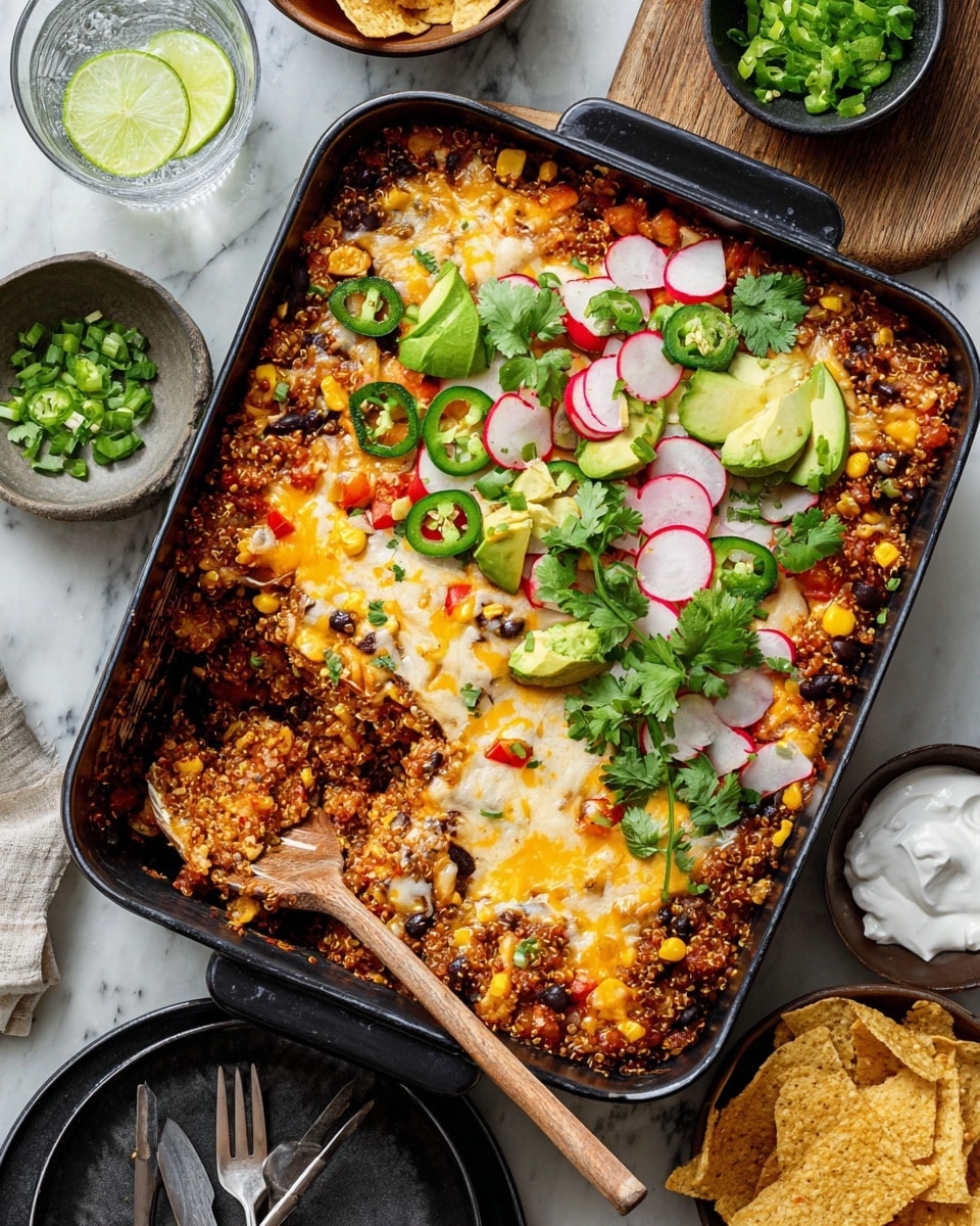 A close-up of a layered quinoa bowl on a white plate sitting on a white marbled surface, the base layer is a mix of cooked quinoa, black beans, yellow corn, small diced red and yellow peppers, all with a slightly saucy texture giving it an orange hue; on top and partially mixed in there is melted cheese surrounded by three triangular tortilla chips on the right edge of the plate; the top layer features fresh slices of radish, chunks of green avocado, sliced jalapeño, chopped green onions, and sprigs of cilantro adding green and red pops of color. Photo taken with an iphone --ar 4:5 --v 7