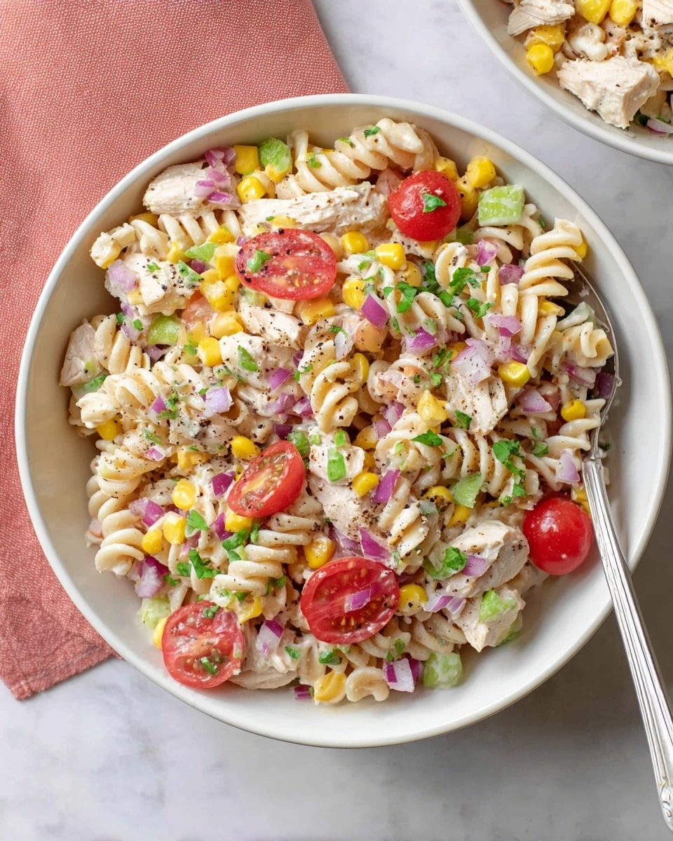 A white bowl filled with a colorful pasta salad layered with pale beige spiral pasta at the base, topped with bright red cherry tomato halves, yellow corn kernels, small light green celery pieces, and chunks of white chicken. Scattered finely chopped purple onions and sprigs of green herbs add detail, with a light dressing that gives a slightly glossy texture. The dish is sprinkled with coarse black pepper, and a silver serving spoon is partially visible on the side. The bowl rests on a white marbled surface, next to a salmon-pink cloth. Photo taken with an iphone --ar 4:5 --v 7