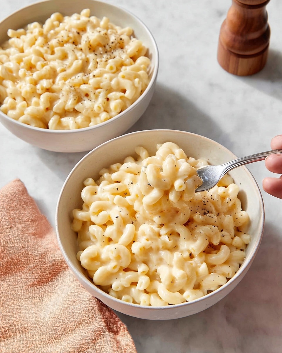A bowl of creamy macaroni and cheese is shown from above, with soft yellow elbow pasta well coated in a smooth, light orange cheese sauce. The bowl is white with a slightly ridged inner edge. Black pepper flakes are sprinkled on top, adding small dark specks across the cheesy pasta. A fork rests beside the bowl on a white marbled surface, along with a folded orange napkin partially beneath the bowl. The overall look is warm and inviting, with a soft natural light highlighting the creamy texture of the mac and cheese. Photo taken with an iphone --ar 4:5 --v 7