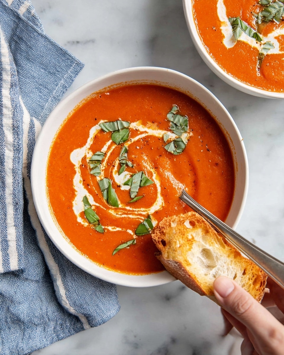 Two white bowls sit on a white marbled surface, each filled with bright orange tomato soup topped with swirls of white cream and scattered fresh green basil leaves. A silver spoon rests inside the bowl on the left, which is placed on a white cloth with thick blue stripes. To the right of the bowls is a piece of torn, crusty bread with a golden-brown top and airy inside. The overall setup is clean and simple, emphasizing the vibrant colors of the soup and fresh herbs. photo taken with an iphone --ar 4:5 --v 7