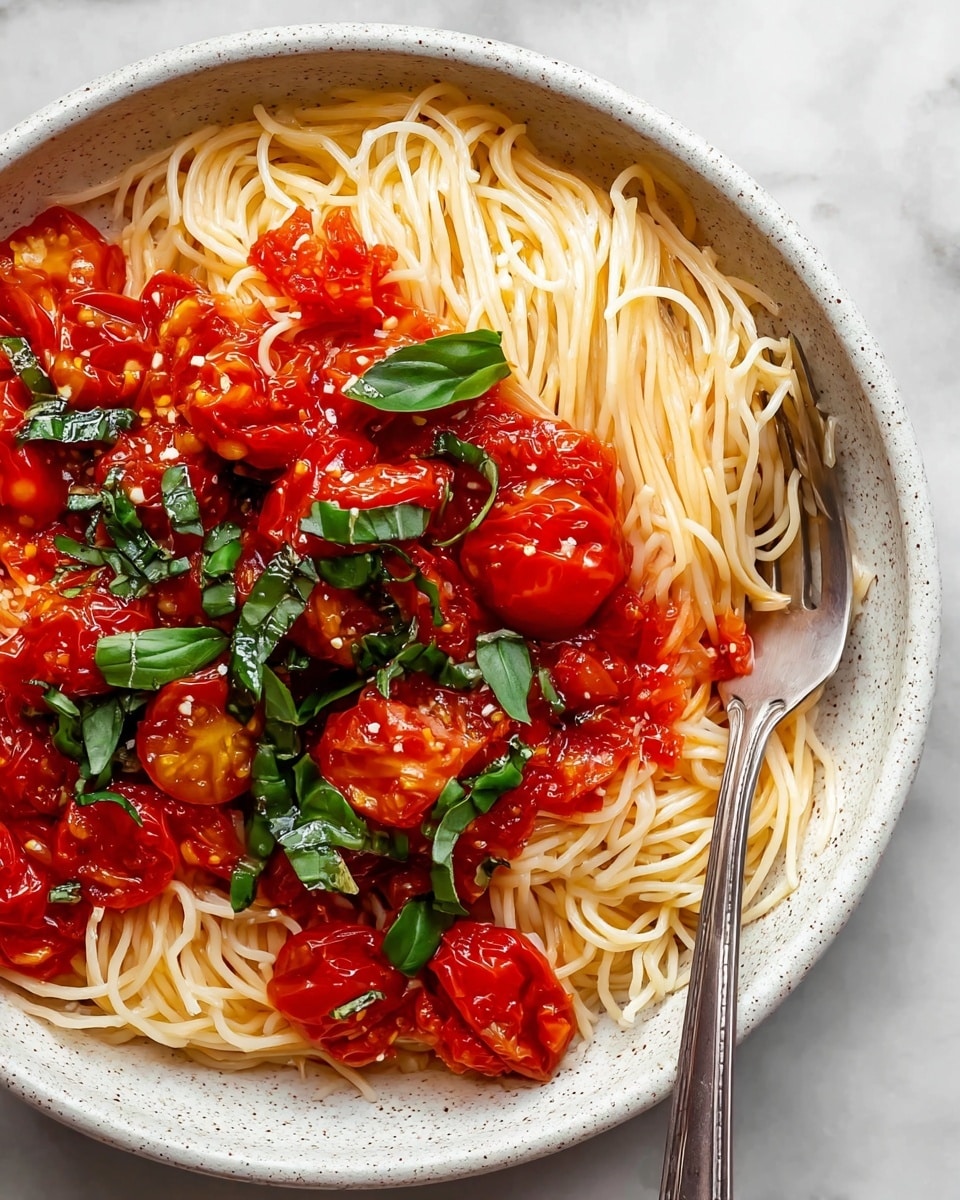 A white speckled bowl holds a serving of thin spaghetti noodles forming the base layer, light beige and smooth in texture. On top, there is a bright red tomato sauce with chunks of roasted tomatoes, some with visible seeds and soft skins. Interspersed within the sauce are fresh green basil leaves, adding a vibrant contrast. A silver fork is partially inserted into the noodles on the left side of the bowl. The bowl sits on a white marbled surface. photo taken with an iphone --ar 4:5 --v 7