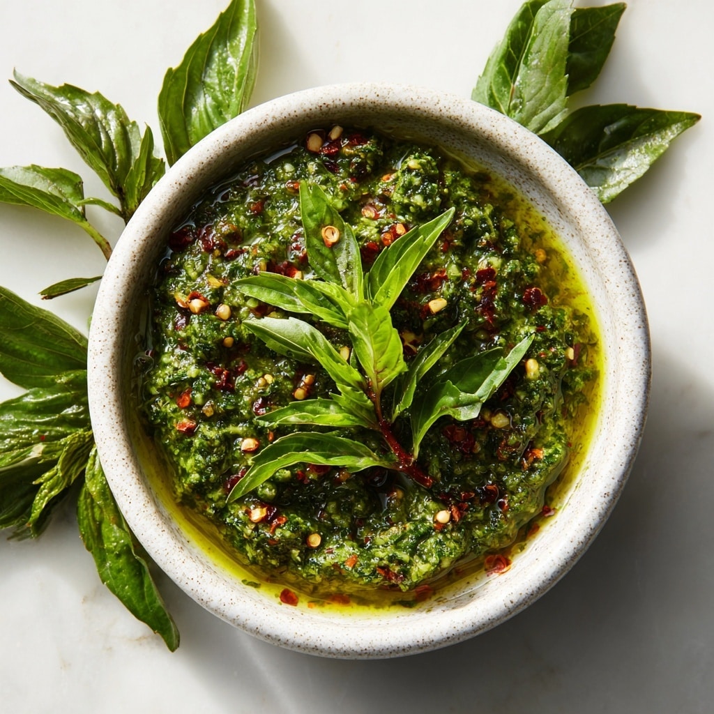 A speckled white bowl holds one layer of bright green pesto sauce, textured with small bits of herbs and garlic, with red chili flakes scattered evenly throughout. On top, a small cluster of fresh dark green basil leaves sits in the center as garnish. The bowl is set on a smooth white marbled surface, which also has some loose fresh basil leaves around it. The sauce has a glossy, oily finish that reflects the light, showing its rich texture. photo taken with an iphone --ar 4:5 --v 7