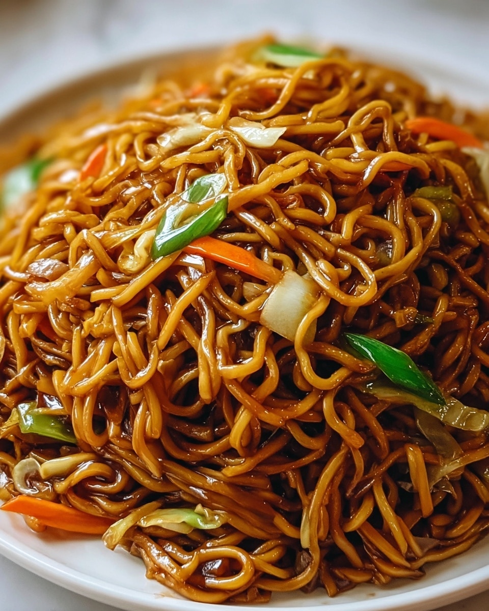 A close-up view of a mound of stir-fried noodles piled high on a white plate, with each noodle strand glossy and coated in a rich, dark brown sauce. Mixed throughout the noodles are thin slices of green onions, bright orange carrot pieces, and small bits of light-colored cabbage, adding pops of color against the warm tones of the noodles. The texture of the noodles looks soft but well cooked, slightly curled and intertwined. The plate sits on a white marbled surface that adds a subtle, elegant background to the dish. photo taken with an iphone --ar 4:5 --v 7