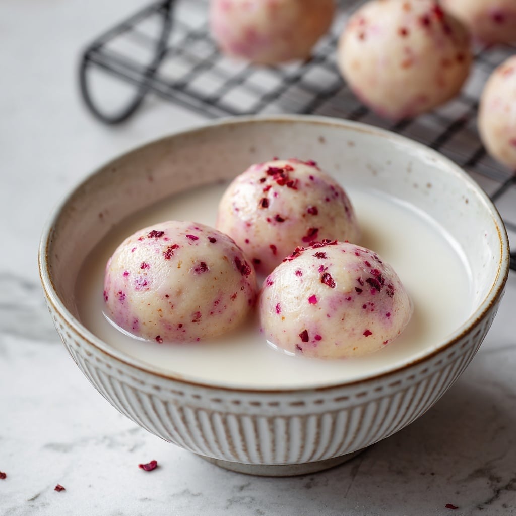 A pile of glossy, round doughnut holes stacked in a pyramid shape on a small white plate with a delicate design, each doughnut hole showing a light golden brown color with red fruit bits embedded inside and a shiny, slightly translucent glaze coating all over, making the surface smooth and reflective; the background is a soft, light fabric texture on a white marbled surface. Photo taken with an iphone --ar 4:5 --v 7