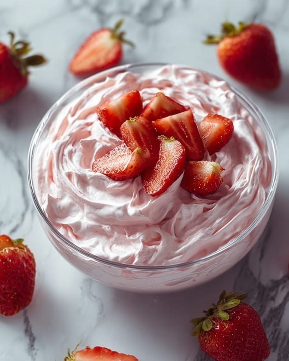 A clear glass bowl filled with a fluffy, light pink strawberry mousse that has a creamy and airy texture with soft peaks. The mousse is topped with several fresh red strawberry halves, each showing their juicy interior and tiny green seeds, scattered unevenly on the surface. The bowl sits on a white marbled textured surface with some whole strawberries around it, adding vivid red contrasts to the soft pink mousse. The close-up view highlights the mousse's smooth swirls and the strawberries’ shiny, fresh look. photo taken with an iphone --ar 4:5 --v 7
