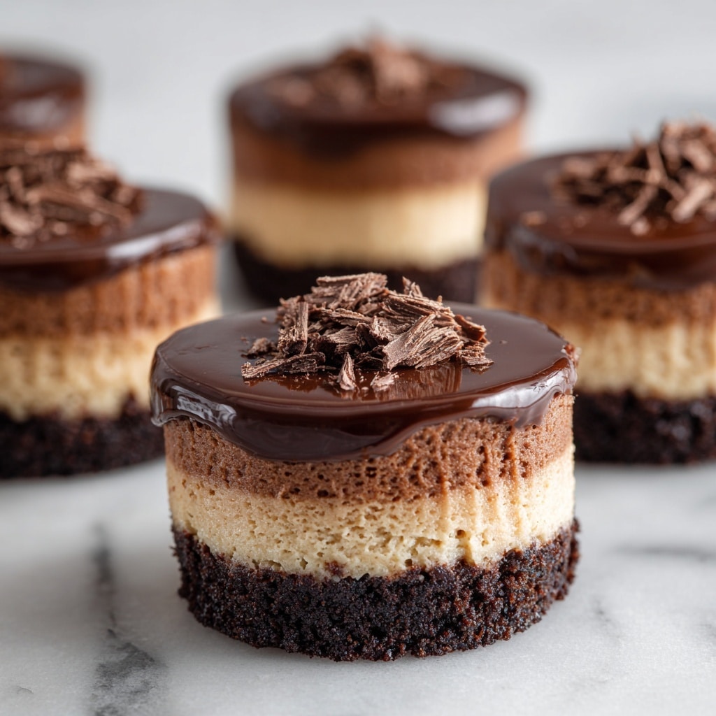 The image shows several mini chocolate cheesecakes placed on a white marbled surface. Each mini cheesecake has three visible layers: a dark, crumbly chocolate base on the bottom, a thick middle layer of light brown chocolate cheesecake with a smooth texture and slightly crinkled edges, and a glossy, dark chocolate ganache layer on top. The ganache is shiny and smooth with a small pile of chocolate shavings in the center. The cheesecakes are lined up in a scattered arrangement. photo taken with an iphone --ar 4:5 --v 7