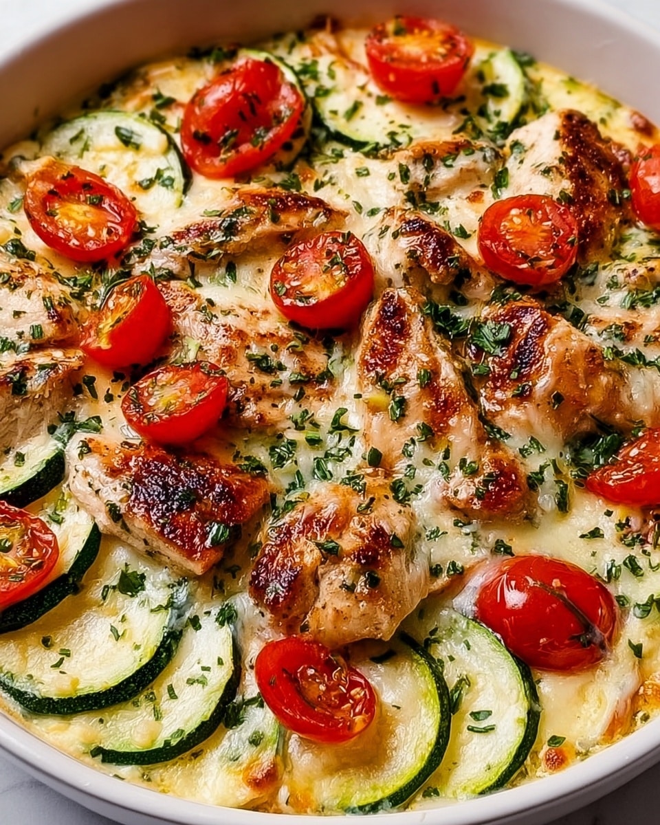 A white bowl filled with a baked dish consisting of three main layers. The bottom layer shows soft, melted cheese with a slightly golden color and creamy texture. The middle layer features bright green zucchini slices spread evenly, slightly cooked and tender, with hints of herbs sprinkled over them. The top layer contains browned, juicy chunks of chicken with a light sear and scattered halved cherry tomatoes, adding vibrant red spots across the dish. The whole dish is topped with green herbs giving a fresh and cooked look, sitting on a white marbled background. photo taken with an iphone --ar 4:5 --v 7