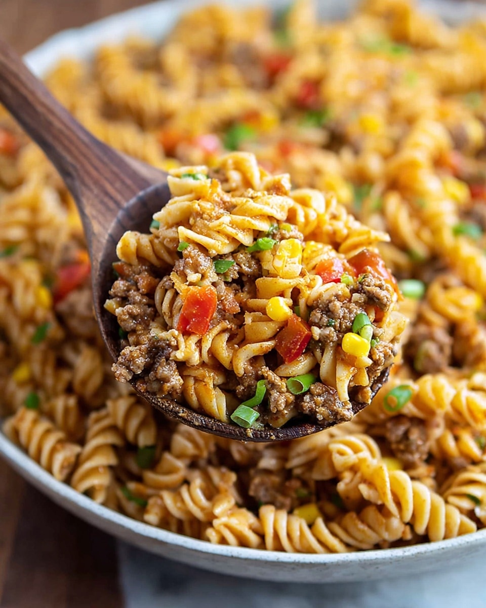 A close-up view of a wooden spoon lifting a colorful mix of rotini pasta salad from a large bowl. The dish shows several layers and ingredients: the pasta is light orange with a smooth, slightly shiny texture, mixed with small pieces of browned ground meat spread throughout. Scattered bright yellow corn kernels and red diced bell peppers add pops of color, while small green onion pieces provide fresh contrast. The bowl is white and placed on a white marbled surface. The image focuses on the spoonful, making the background softly blurred but showing more of the same pasta mixture. Photo taken with an iphone --ar 4:5 --v 7