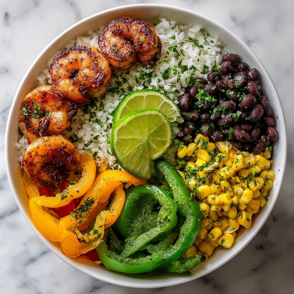 A white bowl filled with a colorful shrimp bowl sits on a white marbled texture. The bottom layer is white rice, sprinkled with fresh chopped herbs. On top of the rice, there are five golden-brown grilled shrimp arranged in a small cluster on one side. Next to the shrimp, there are bright green lime slices forming a small arc. Colorful sautéed bell peppers in green, yellow, and red with some browned edges cover one side of the bowl. A small pile of black beans mixed with rice and chopped herbs sits beside the peppers, and next to the beans is a section of vibrant yellow corn with herbs. The bowl is garnished with more chopped herbs on top. Photo taken with an iphone --ar 4:5 --v 7