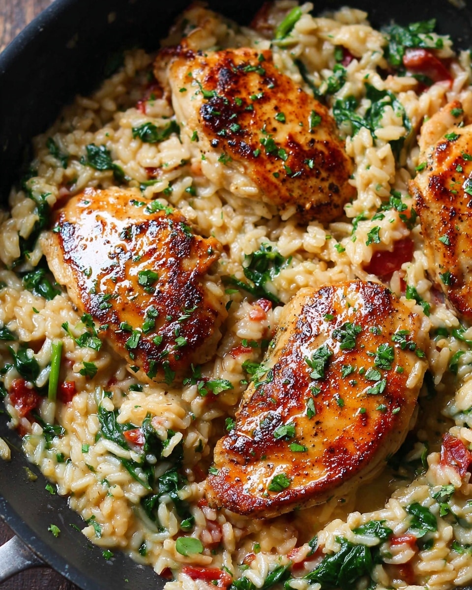A close-up image of a black pan filled with a creamy rice dish mixed with chopped green herbs and small pieces of red tomato. On top of the rice are three golden-brown seared chicken breasts, each garnished with shiny oil and small green herb pieces. The rice looks soft and slightly saucy with visible bits of green spinach or similar leafy greens spread throughout. The pan is set on a white marbled texture. photo taken with an iphone --ar 4:5 --v 7