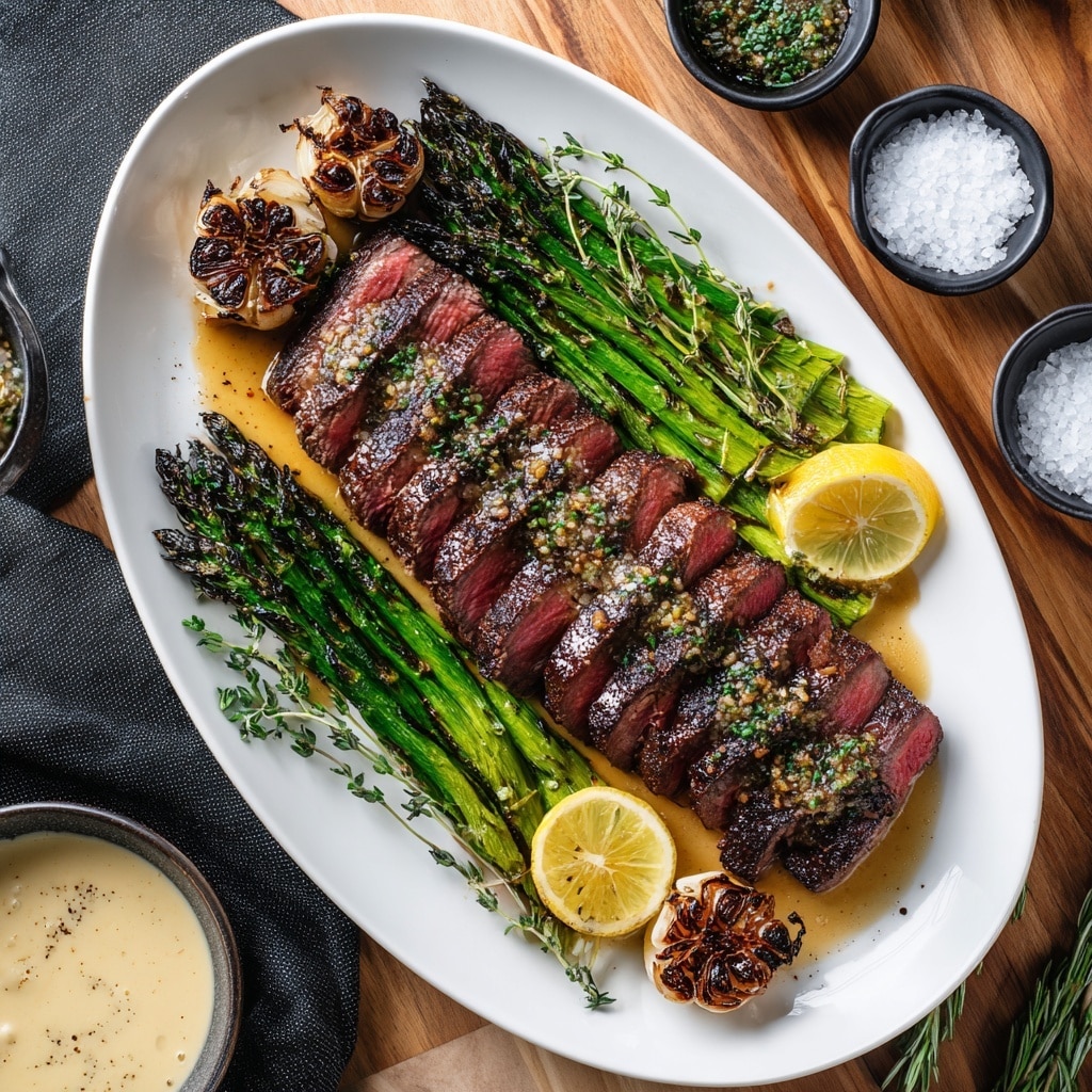 The image shows a white plate with six thick slices of medium-rare steak, each slice having a pink center and a dark brown charred edge, topped with small dollops of melting butter and sprinkled with chopped green herbs. To the right of the steak, there is a bundle of bright green grilled asparagus spears, shiny with oil. At the bottom left of the plate, there is a lemon wedge and a small white bowl of creamy herb butter with visible herb pieces. Around the plate, fresh rosemary and thyme sprigs are placed for garnish. The plate sits on a white marbled surface with small white bowls of salt and pepper near the top edge, and a wine glass reflecting light to the left. Photo taken with an iphone --ar 4:5 --v 7