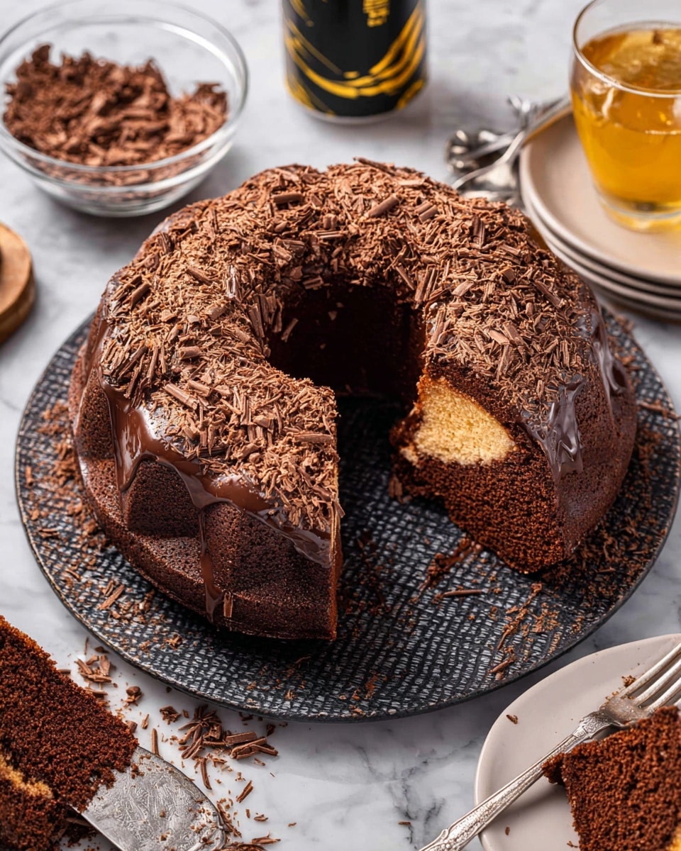 A chocolate bundt cake with one slice removed, showing two layers: a dark brown outer layer and a lighter brown inner swirl. The top of the cake is covered in glossy dark chocolate glaze and sprinkled thickly with milk chocolate shavings, creating a textured and rich look. The cake sits on a dark textured plate placed on a white marbled surface. Around the cake, there is a clear bowl with more chocolate shavings and a silver spoon, a black and gold can, a glass with a yellow drink, and a white plate with a slice of the cake and a silver fork next to it. photo taken with an iphone --ar 4:5 --v 7
