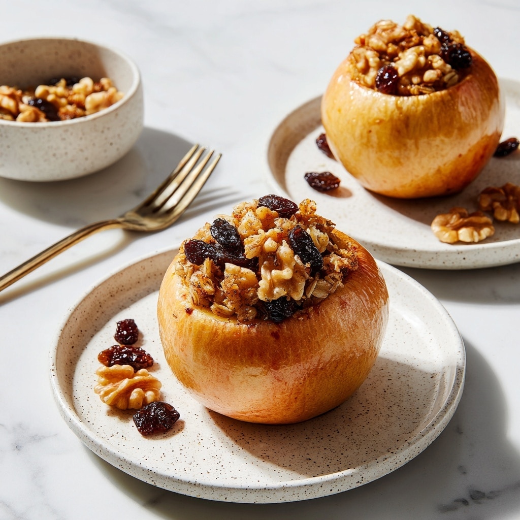 A baked apple cut in half sits on a white speckled plate with concentric circles, placed on a white marbled surface. The apple has a soft, slightly wrinkled brown skin with a light yellow and pinkish flesh inside. Each apple half is filled with a textured mixture of chopped walnuts, oats, and dark raisins that spill slightly onto the plate. The mixture looks moist and sticky, contrasting with the smooth and tender apple flesh. Photo taken with an iphone --ar 4:5 --v 7