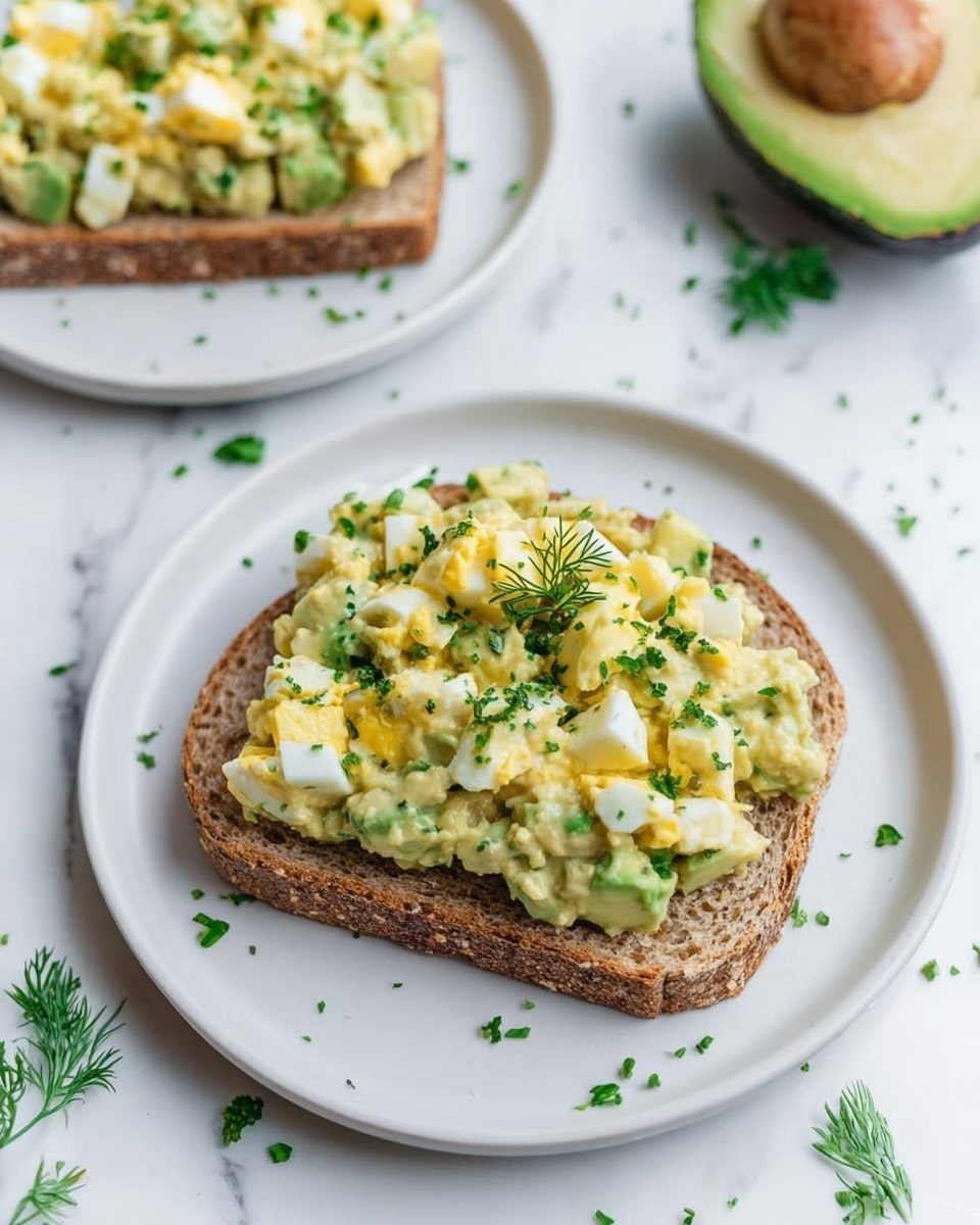 A single slice of multigrain bread forms the base layer with a rough brown texture, topped generously with a chunky, creamy egg salad that is pale yellow with pieces of yellow yolk and white egg whites, mixed with tiny green herb bits. The toast sits on a white plate, which is decorated with scattered green herb leaves around the edge. In the background, there is a second piece of toast with the same egg salad and a halved avocado, all placed on a white marbled surface. photo taken with an iphone --ar 4:5 --v 7