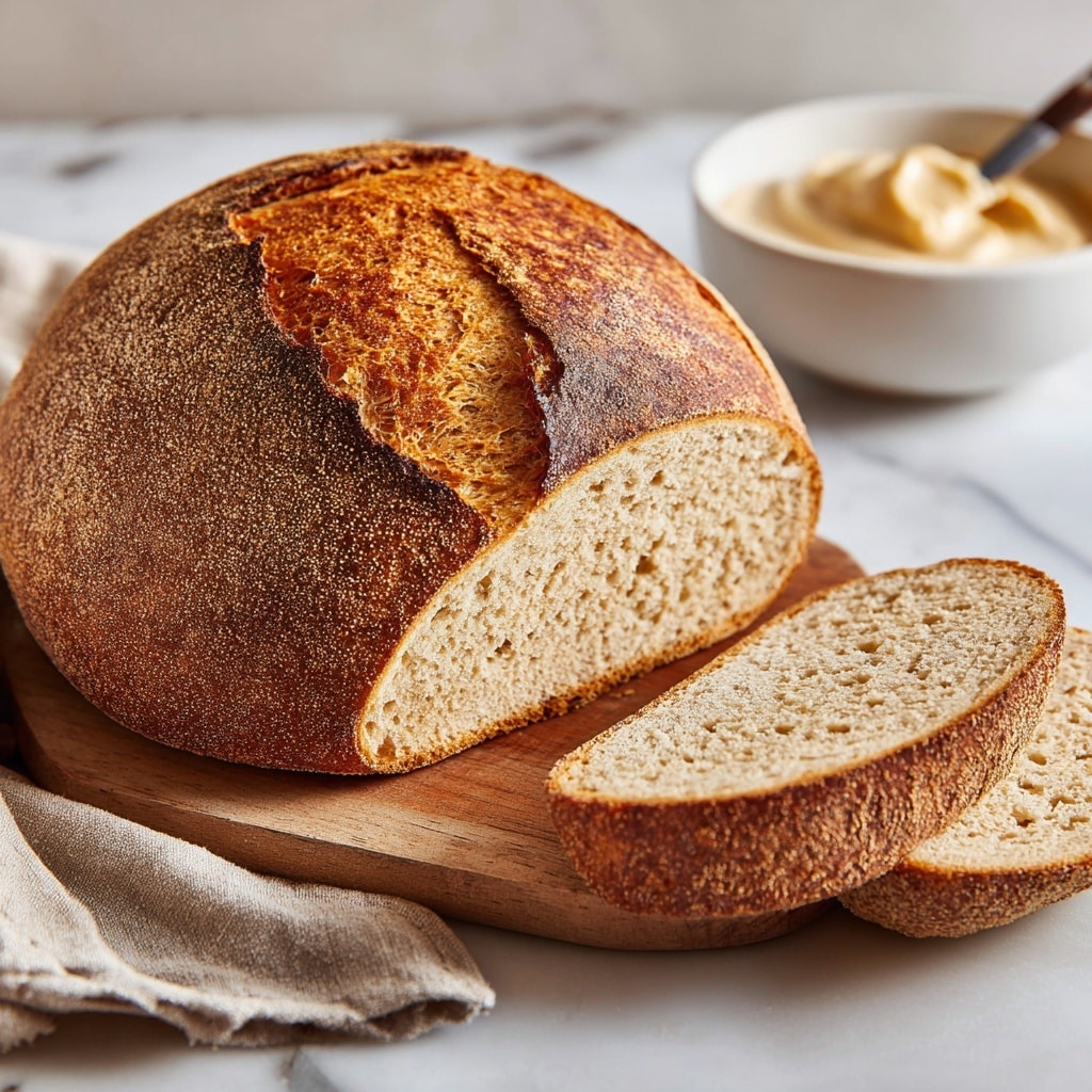 A round loaf of keto sourdough bread with a dark golden brown crust sits on a wooden board. The bread is cut to show its soft, light brown inside with small, even holes. Two slices lie flat in front of the loaf, showing the same fine texture and crust color on their edges. In the background, there is a small white bowl with creamy spread. The whole setup is on a white marbled surface with a beige cloth softly folded behind the bowl. Photo taken with an iphone --ar 4:5 --v 7