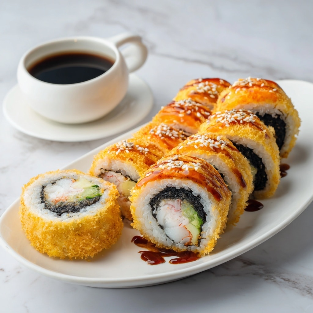 The image shows a white oval plate holding five pieces of sushi tempura, with one whole roll and four sliced rounds. Each sushi piece has three visible layers: a white outer tempura batter layer that looks crispy, a middle layer of white rice surrounding a thin black nori seaweed layer, and an inner filling with colors of orange, white, and green, likely shrimp tempura, crab stick, and cucumber. The whole roll has golden-orange sauce drizzled on top with some white sesame seeds sprinkled. A small white ceramic cup filled with dark soy sauce sits on a matching saucer in the background on a white marbled surface. Light brown wooden chopsticks rest on the surface next to the plate. Photo taken with an iphone --ar 4:5 --v 7