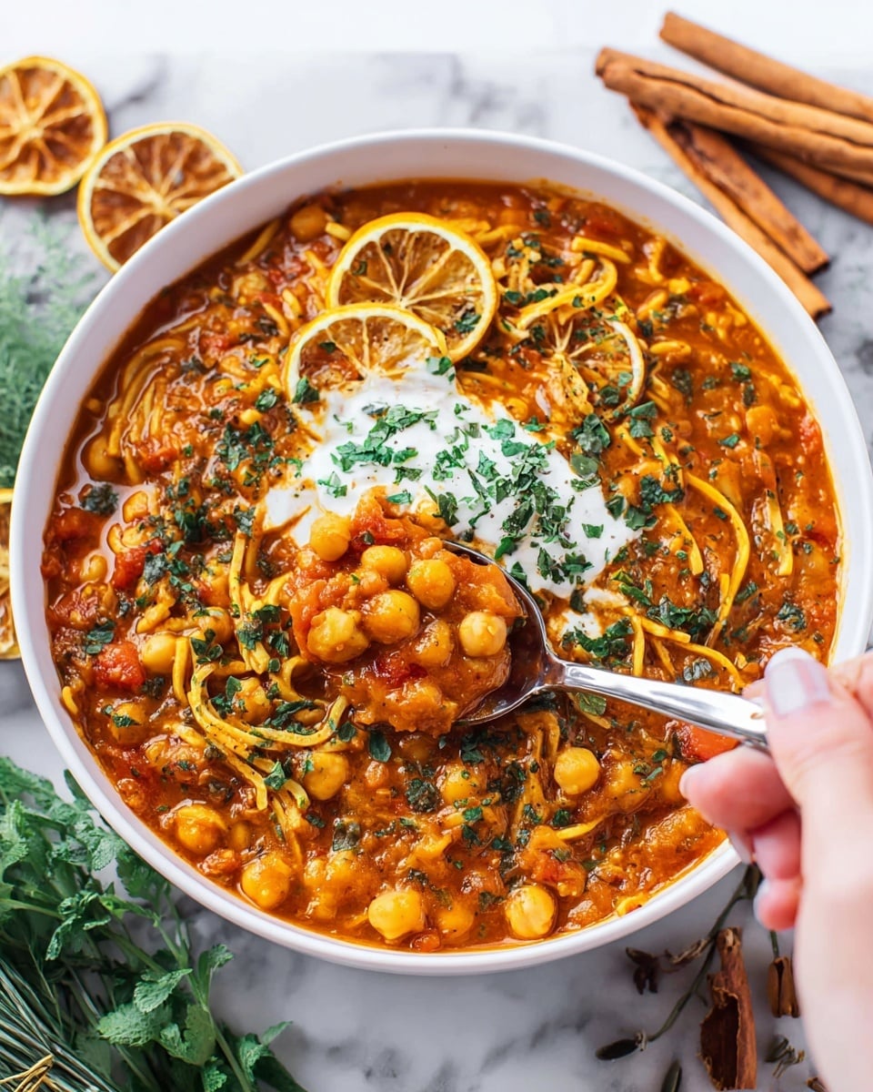 A white bowl holds a thick stew filled with several layers of ingredients starting with small yellow pasta pieces and chickpeas mixed in a rich, orange-brown tomato-based sauce with visible bits of greens and chopped vegetables. On top are two thin, dried lemon slices and a dollop of white cream garnished with small green herb leaves. The texture looks hearty and chunky with a shiny, moist surface. The bowl is placed on a white marbled texture. photo taken with an iphone --ar 4:5 --v 7