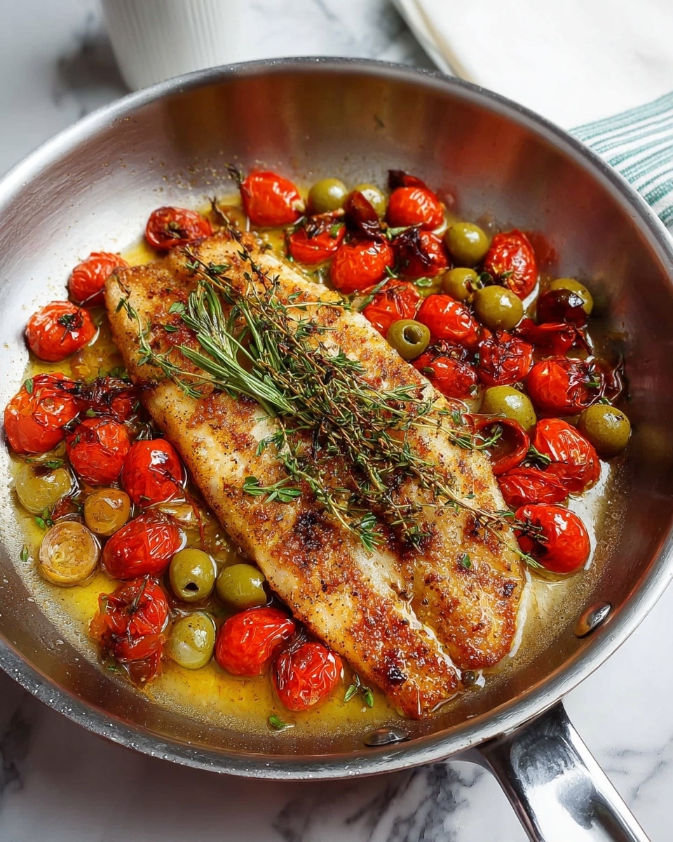 A cooked golden-brown fish fillet lies in the middle of a silver pan, with a crispy textured skin showing some dark charred spots. Surrounding the fillet are bright red roasted cherry tomatoes that are slightly shriveled, and green olives scattered around. Fresh green herb sprigs, including rosemary and thyme, rest among the tomatoes and olives, adding a pop of color. A light brown sauce with shiny oil pools at the bottom of the pan. In the background, there is a white marbled surface and a white cup blurred out. photo taken with an iphone --ar 4:5 --v 7