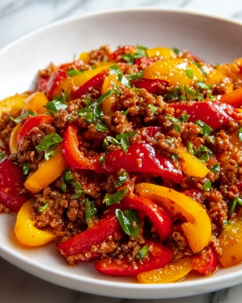 The image shows a close-up of a meal on a white plate with black speckles, placed on a white marbled surface. The dish has two main layers: the bottom layer consists of colorful bell pepper slices in red, yellow, and green with a shiny cooked texture, while the top layer has crumbled cooked ground meat that looks glossy and slightly brown, scattered evenly across the peppers. Small green herb pieces are sprinkled on top. The food looks moist and fresh, and the image is bright with natural lighting that highlights the colors. photo taken with an iphone --ar 4:5 --v 7